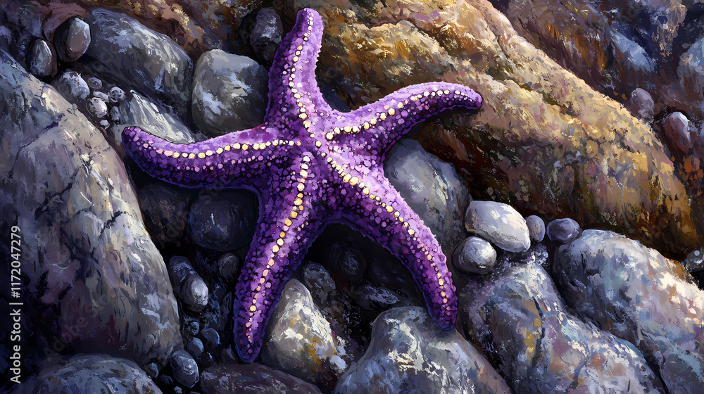 Purple starfish on rocky beach. Tidepool. Illustration Purple starfish on rocky beach. Tidepool. Illustration