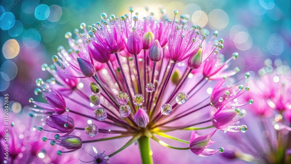 Obraz premium Macro photography reveals vibrant purple allium blooms, showcasing stunning details and nature's artistry.