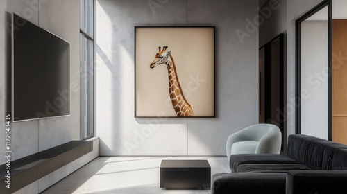 Generative AI, Minimalist living room with a mint cloud armchair and geometric giraffe artwork photo