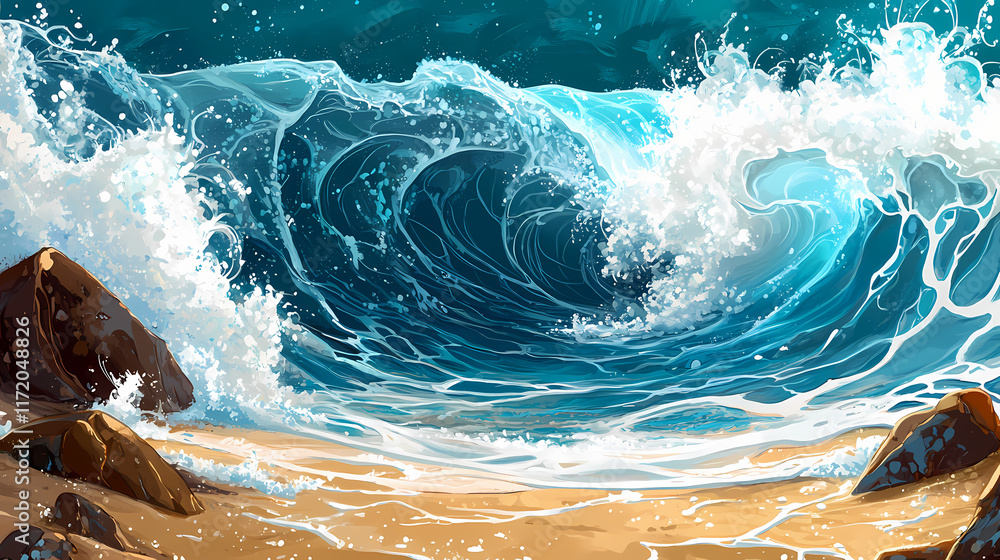 Stunning wave patterns coastal textures creating enchanting marine landscape, beach, waves, ocean, shore, coastline, water, sea, sand, foamy, blue, swirl. Tidepool. Illustration Stunning wave patterns coastal textures creating enchanting marine landscape, beach, waves, ocean, shore, coastline, water, sea, sand, foamy, blue, swirl. Tidepool. Illustration