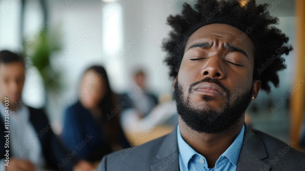 A professional taking a mindful moment during a busy workday, eyes closed in meditation while sitting in modern office space with colleagues in background. A professional taking a mindful moment during a busy workday, eyes closed in meditation while sitting in modern office space with colleagues in background.