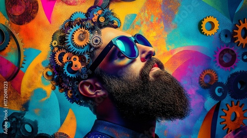 Artistic portrait featuring steampunk-inspired headpiece with colorful gears against vibrant psychedelic background, showcasing beard and reflective sunglasses in modern style. photo