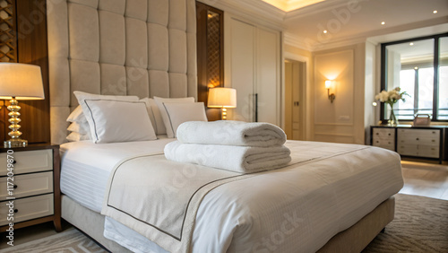 Folded towels on hotel room, bedroom with folded towels on crisp white sheets. Comfortable guest bedroom. Created with Generative AI.