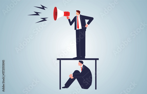 Fear of noise from boss or manager, avoidance of boss or conflict, panicked employees hiding under their desks to avoid the noise of the boss shouting