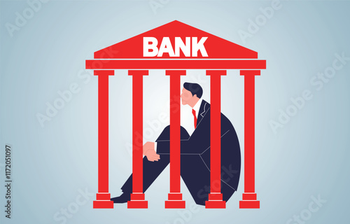 Businessman huddled inside a bank, financial problems or financial problems, financial loan or mortgage debt stress