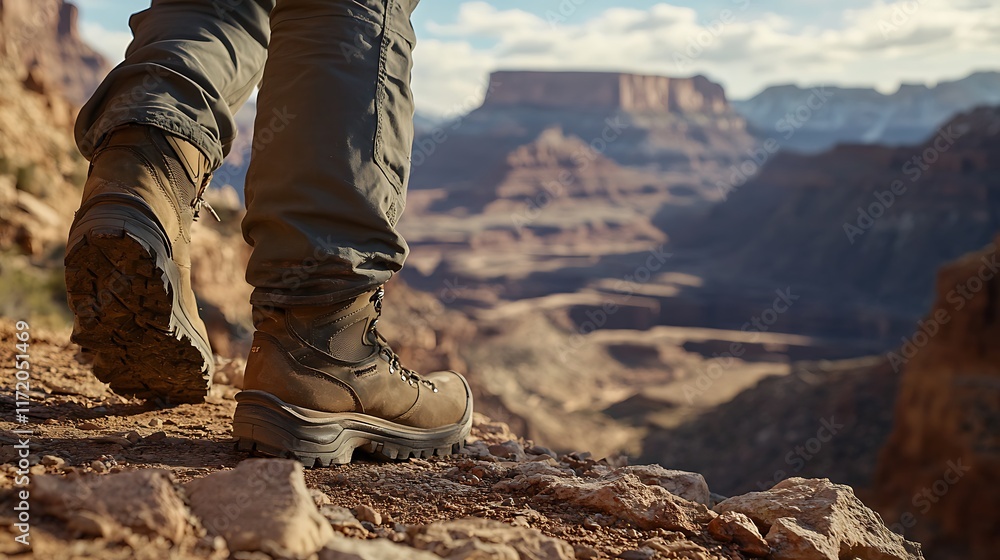 Hiking Boots on Rocky Trail Grand Canyon View Hiking Boots on Rocky Trail Grand Canyon View