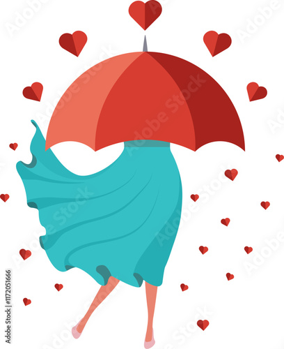 A girl in a blue dress hides under a red umbrella from the rain of hearts.