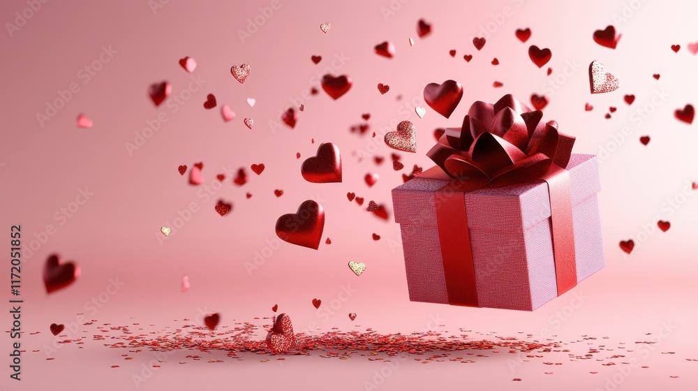 A vibrant red gift box adorned with a bow, releasing a flurry of colorful hearts into the air, symbolizing love and celebration for Valentine's Day. A vibrant red gift box adorned with a bow, releasing a flurry of colorful hearts into the air, symbolizing love and celebration for Valentine's Day.