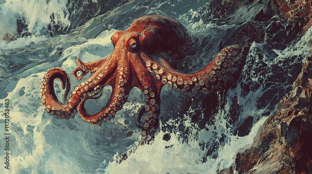 Fototapeta premium Octopus in the water climbing onto rocky shore - vintage style digital painting - generative ai. Tidepool. Illustration