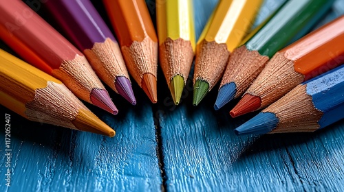 Close-up of colorful pencils arranged in a semicircle on a blue wooden surface. photo