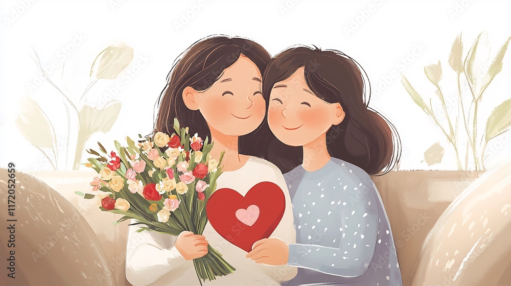 Sisters' Love: A heartwarming illustration of two sisters embracing, sharing a bouquet of flowers and a heart-shaped gift. A tender moment of affection captured in a charming illustration. Sisters' Love: A heartwarming illustration of two sisters embracing, sharing a bouquet of flowers and a heart-shaped gift. A tender moment of affection captured in a charming illustration.