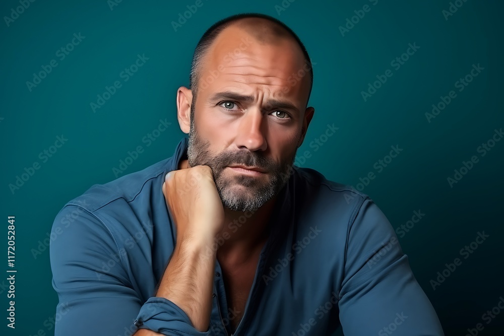 Fototapeta premium A contemplative man poses thoughtfully against a teal background.