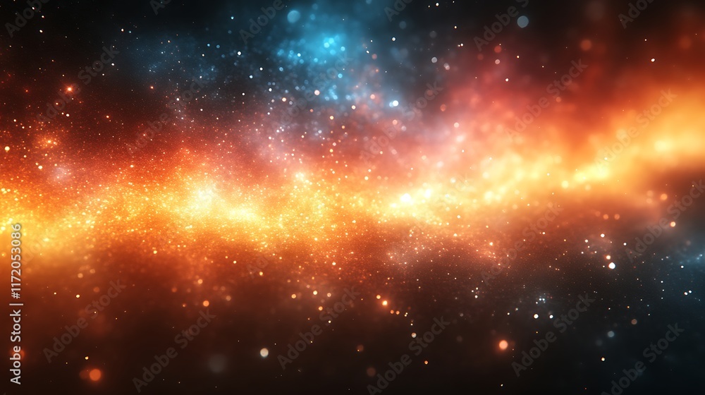 Cosmic nebula with orange and blue glowing gas.