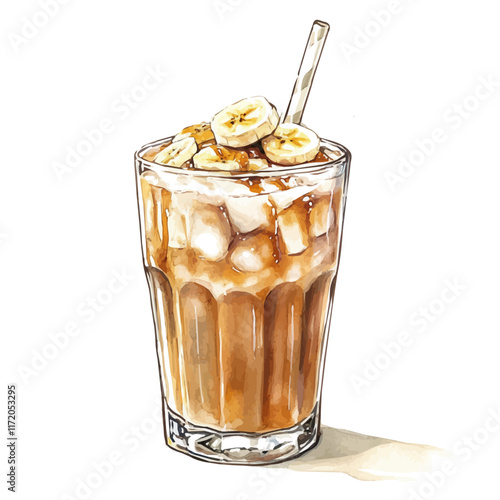 A watercolor vector painting of an Iced Caramel Banana Latte, isolated on a white background. Iced Caramel Banana Latte vector.

