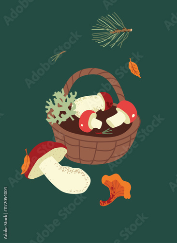 Basket with mushrooms. Vector illustration