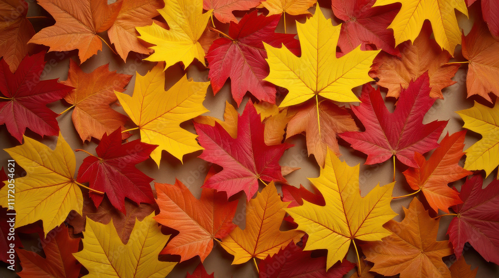 A graphic resource or wallpaper with an autumn theme. Yellow, orange and red maple leaves scattered on a beige background. Seasonal asset for Fall. A graphic resource or wallpaper with an autumn theme. Yellow, orange and red maple leaves scattered on a beige background. Seasonal asset for Fall.