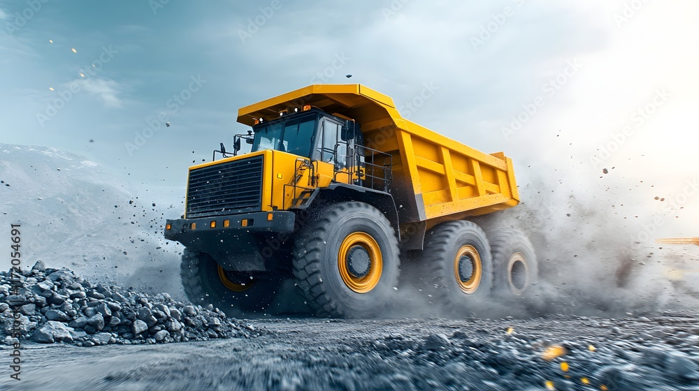 Large yellow dump truck transporting heavy materials across a rugged construction site with dust clouds and dynamic lighting effects showcasing its power and efficiency Large yellow dump truck transporting heavy materials across a rugged construction site with dust clouds and dynamic lighting effects showcasing its power and efficiency