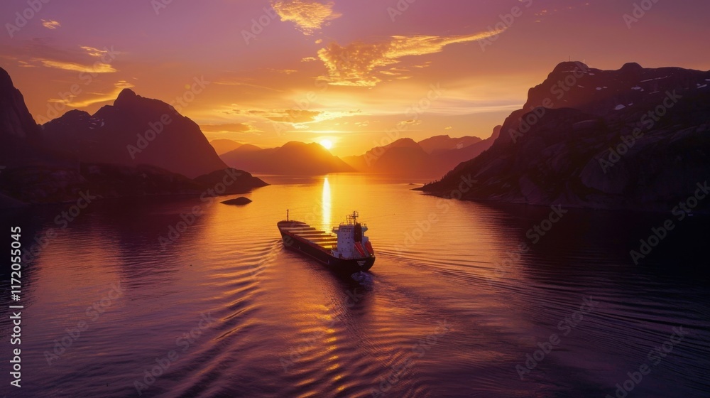 Majestic Sunset over Fjord: Cargo Ship Navigating through Dramatic Mountainscape