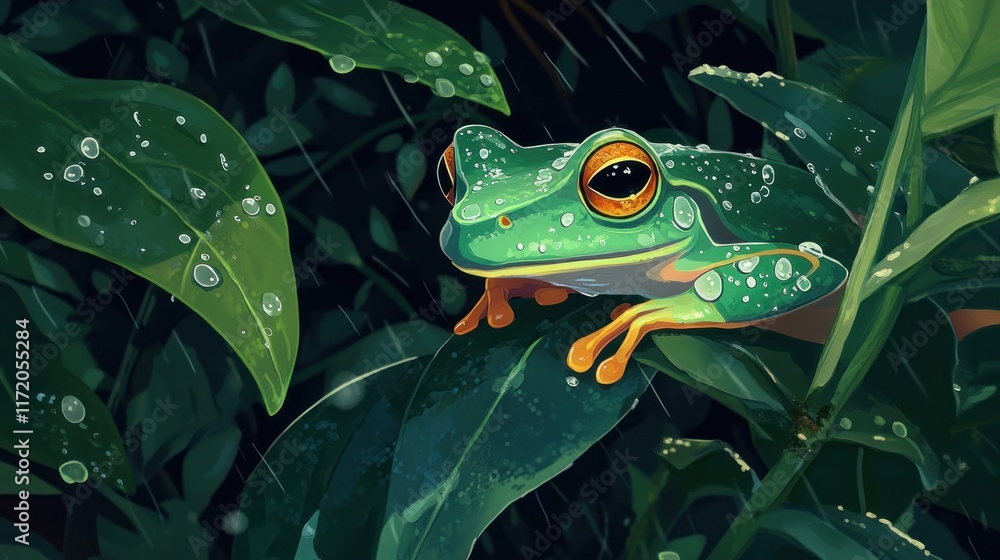 A vibrant green frog perched on leaves, adorned with droplets, amidst a lush environment. A vibrant green frog perched on leaves, adorned with droplets, amidst a lush environment.