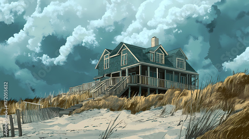 Coastal luxury estate with windswept dunes, weathered wooden decks, and a dramatic oceanfront setting under a stormy grey-blue sky. Tidepool. Illustration photo