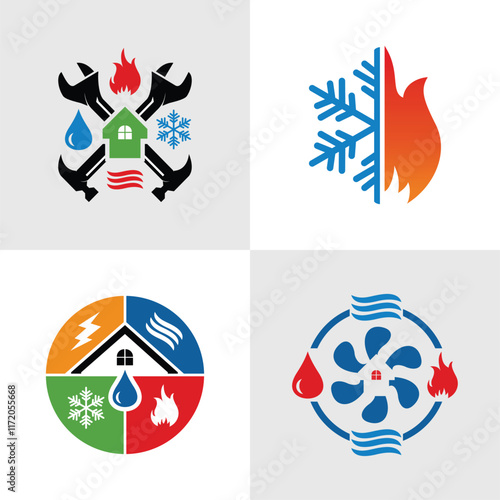 Modern plumbing, heating and cooling services company logo design graphic vector illustration 