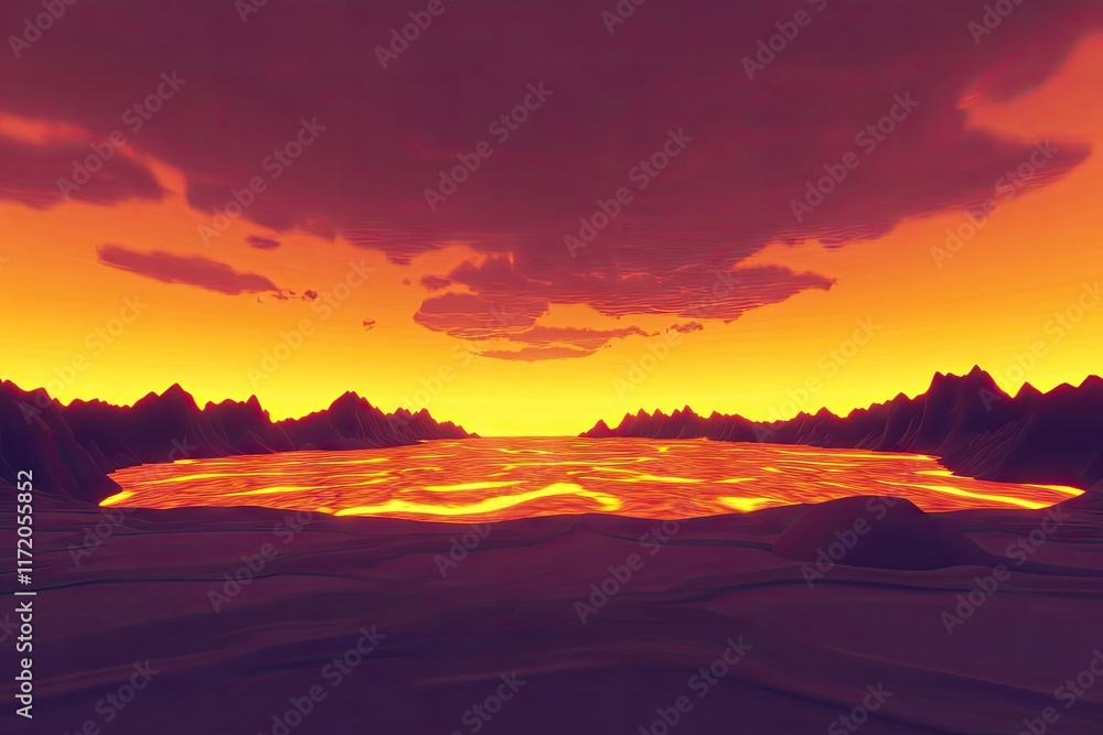 A vibrant sunset over a molten lava lake surrounded by mountains. A vibrant sunset over a molten lava lake surrounded by mountains.