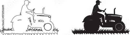 Silhouette of a farmer riding a tractor and plowing the land vector silhouette