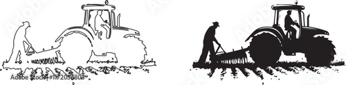 Silhouette of a farm vector silhouetteer plowing a field with a tractor