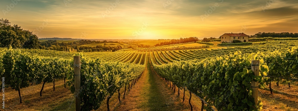 Fototapeta premium A serene view of a tranquil countryside vineyard with rows of grapevines stretching towards a distant farmhouse under a golden sunset, Countryside vineyard scene, Picturesque style