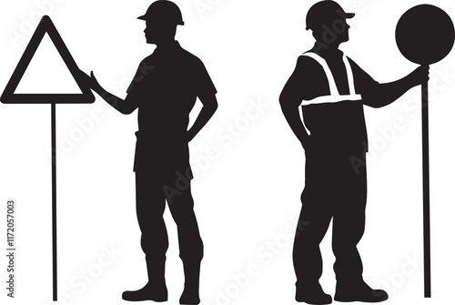Silhouette of a road worker directing traffic with a sign vector silhouette