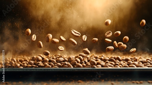 Floating Coffee Beans Surrounded by Fine Dust with Warm Golden Light, Capturing the Essence of Freshly Roasted Coffee in Action and Evoking a Rich Aroma photo