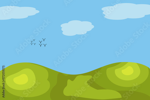 cartoon outdoor background with field birds sky clouds 