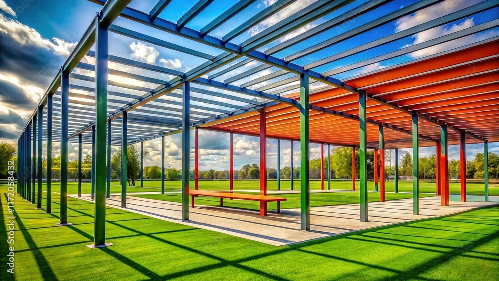Abstract Minimalist Steel Structure in Park, Outdoor Sports Field, Industrial Design Abstract Minimalist Steel Structure in Park, Outdoor Sports Field, Industrial Design