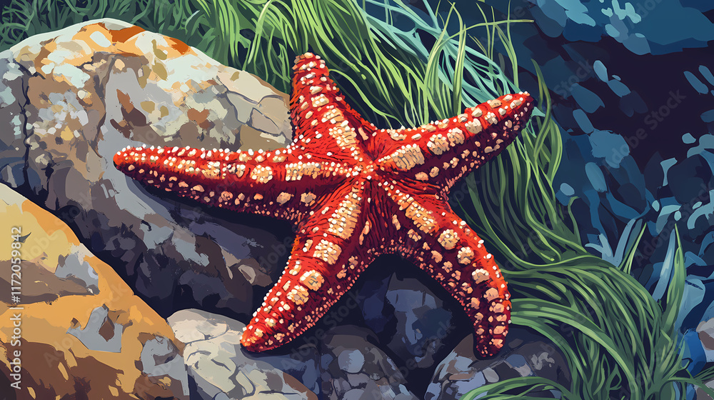 A close-up of a red starfish resting on a rock with seaweed. Tidepool. Illustration A close-up of a red starfish resting on a rock with seaweed. Tidepool. Illustration