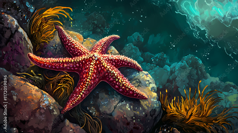 A close-up of a red starfish resting on a rock with seaweed. Tidepool. Illustration A close-up of a red starfish resting on a rock with seaweed. Tidepool. Illustration