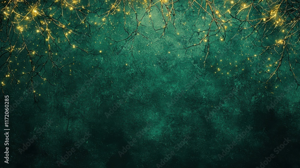 Obraz premium Dark green forest ambiance with subtle golden highlights on branches. 