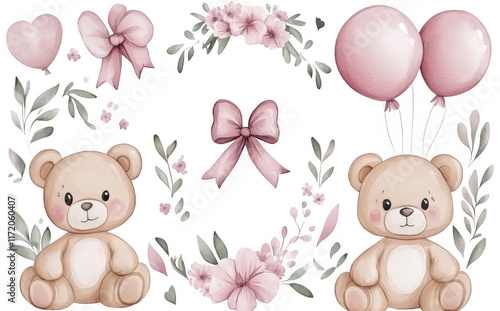 Watercolor illustration of teddy bears with pink balloons, flowers, and bows, creating cute and whimsical design. Perfect for children decor or invitations