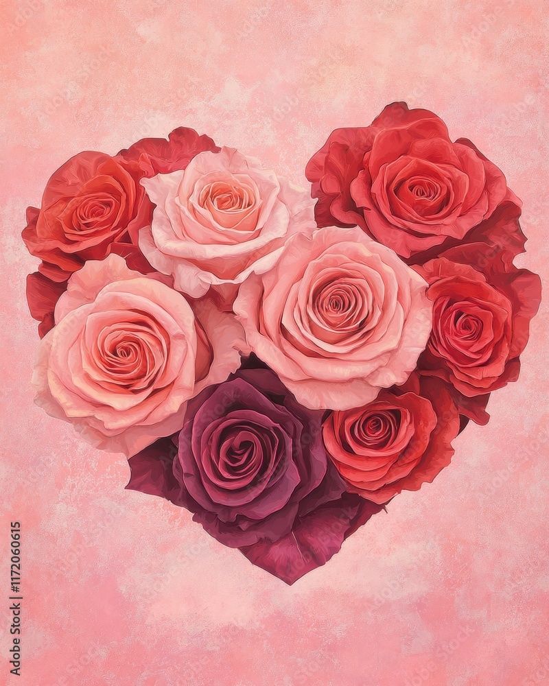 A vibrant painting features a heart crafted from roses set against a soft pink backdrop, symbolizing love and romance for Valentine's Day. A vibrant painting features a heart crafted from roses set against a soft pink backdrop, symbolizing love and romance for Valentine's Day.