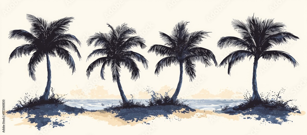 Obraz premium Four palm trees on a tropical beach at sunset.