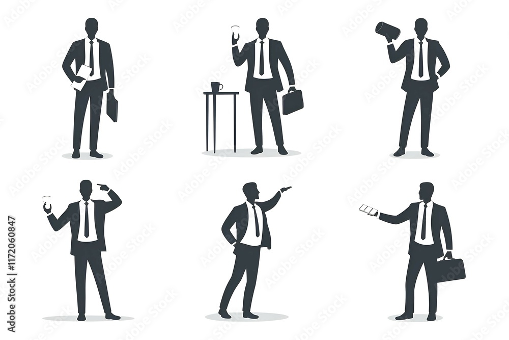 illustration of businessmen in different poses on a white background for corporate theme illustration of businessmen in different poses on a white background for corporate theme