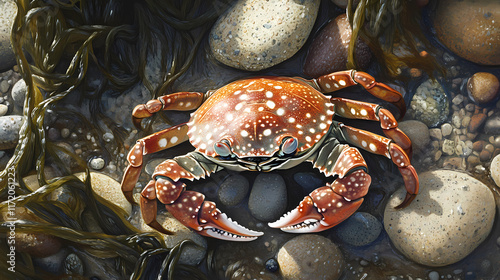 A red-spotted crab amongst smooth rocks and seaweed. Tidepool. Illustration photo