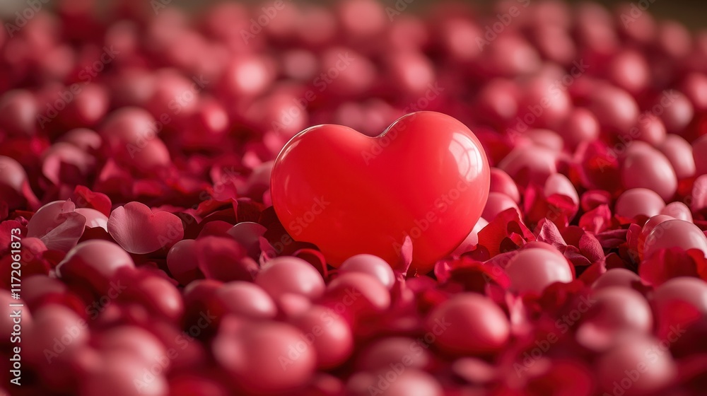 A vibrant red heart rests amidst a sea of delicate red petals, symbolizing love and romance for Valentine's Day celebrations. A vibrant red heart rests amidst a sea of delicate red petals, symbolizing love and romance for Valentine's Day celebrations.