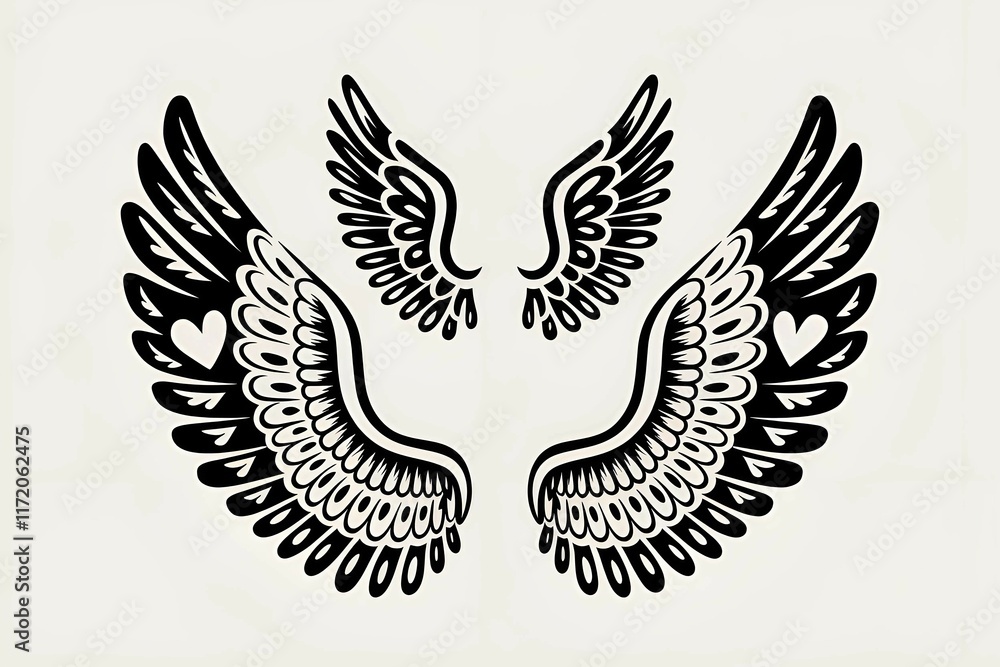 Fototapeta premium artistic black angel wings with intricate patterns and heart symbols on a white background