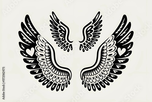 artistic black angel wings with intricate patterns and heart symbols on a white background photo