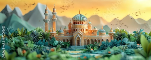 Serene Oasis: A Papercraft Mosque Amidst Lush Tropical Foliage