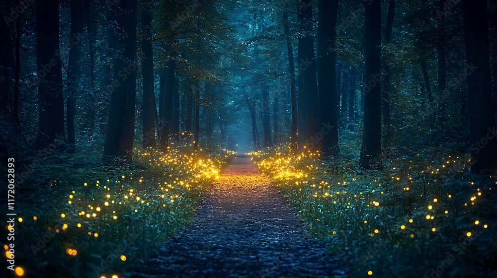 Enchanting pathway through a dark forest at night, illuminated by glowing fireflies. Enchanting pathway through a dark forest at night, illuminated by glowing fireflies.