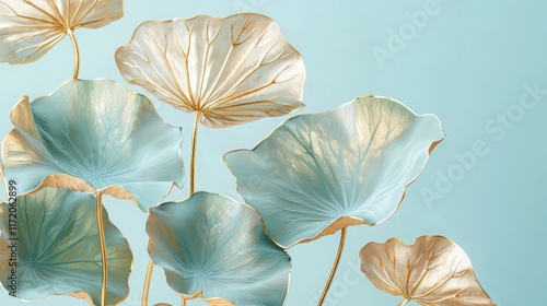 Delicate gold lotus leaves with artistic shading on a light blue gradient background 