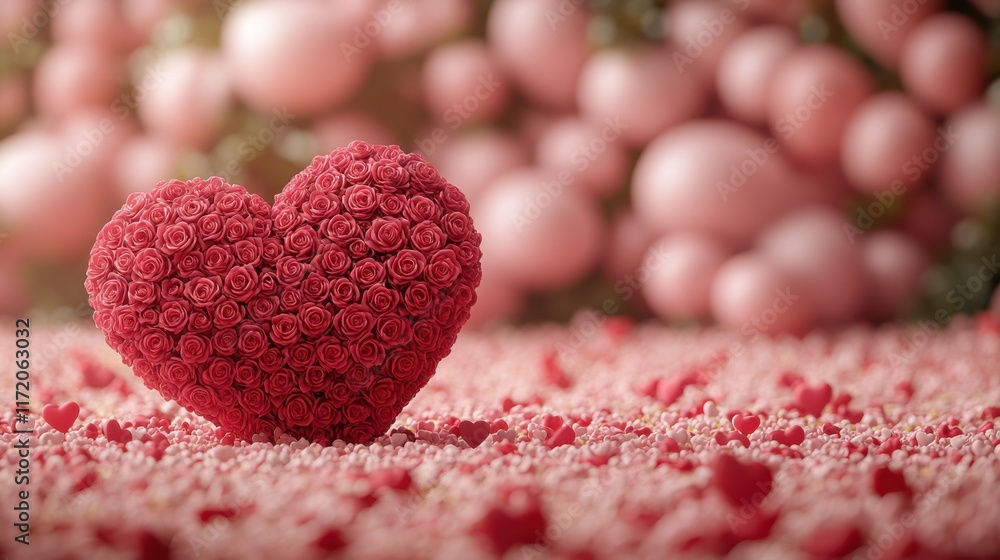Obraz premium A stunning heart crafted from vibrant roses surrounded by a colorful array of flowers, symbolizing love and romance on Valentine's Day.