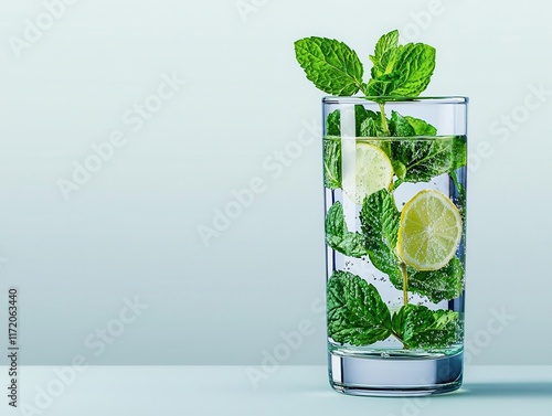 Calories Deficit Weight Loss Concept, A refreshing glass of infused water with mint and lemon, highlighting hydration s role in a calorie deficit plan photo