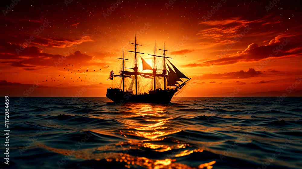 Fototapeta premium Orange color abstract background ocean with sunset and ship, clouds and stars, blurred 
